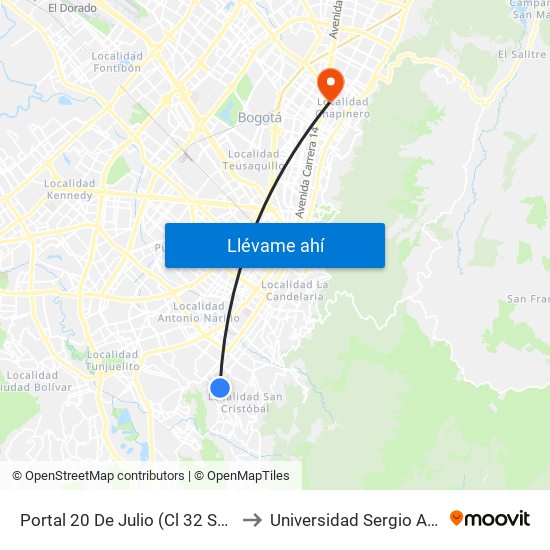 Portal 20 De Julio (Cl 32 Sur - Kr 3f) to Universidad Sergio Arboleda map