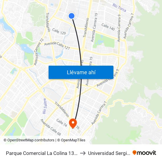 Parque Comercial La Colina 138 (Ac 138 - Kr 55) to Universidad Sergio Arboleda map