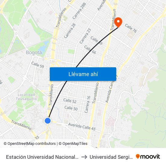Estación Universidad Nacional (Av. NQS - Cl 45) to Universidad Sergio Arboleda map