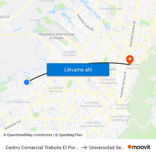 Centro Comercial Trebolis El Porvenir (Kr 95a - Cl 49c Sur) to Universidad Sergio Arboleda map