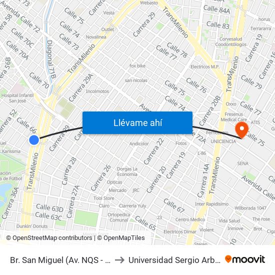 Br. San Miguel (Av. NQS - Cl 65) to Universidad Sergio Arboleda map