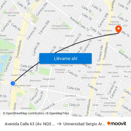 Avenida Calle 63 (Av. NQS - Ac 63) to Universidad Sergio Arboleda map