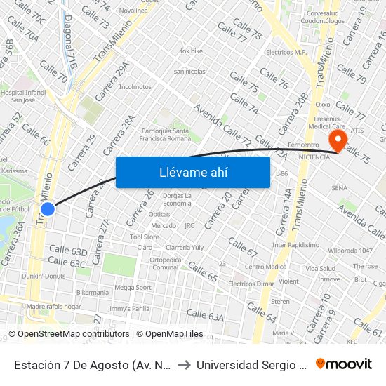 Estación 7 De Agosto (Av. NQS - Cl 63f) to Universidad Sergio Arboleda map