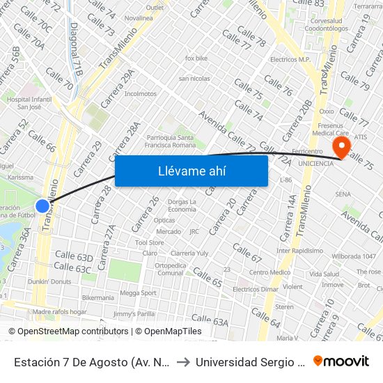 Estación 7 De Agosto (Av. NQS - Cl 63g) to Universidad Sergio Arboleda map