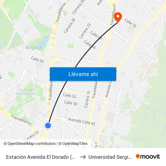 Estación Avenida El Dorado (Av. NQS - Cl 40a) to Universidad Sergio Arboleda map