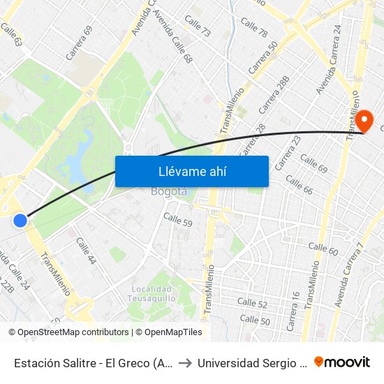 Estación Salitre - El Greco (Ac 26 - Kr 66) to Universidad Sergio Arboleda map