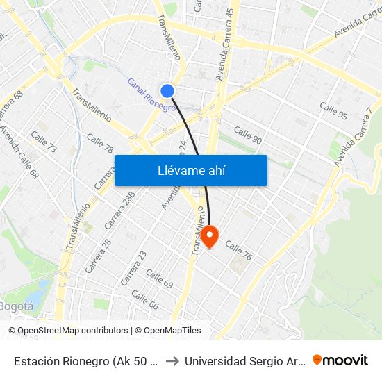 Estación Rionegro (Ak 50 - Cl 91a) to Universidad Sergio Arboleda map