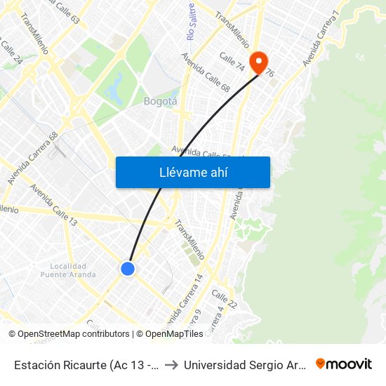 Estación Ricaurte (Ac 13 - Kr 29) to Universidad Sergio Arboleda map