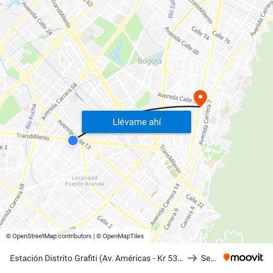Estación Distrito Grafiti (Av. Américas - Kr 53a) to Sena map