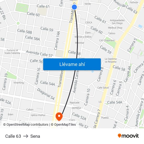 Calle 63 to Sena map