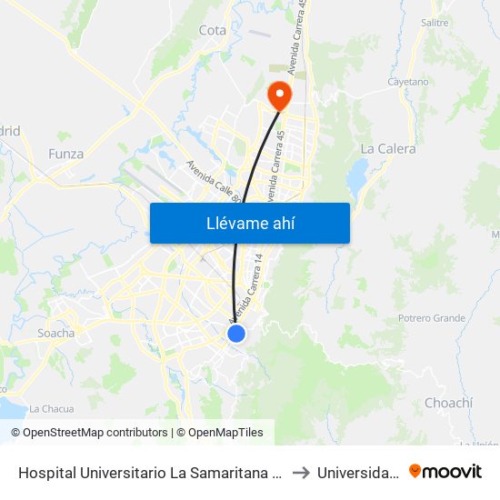 Hospital Universitario La Samaritana (Kr 8 - Cl 0 Sur) to Universidad Ecci map