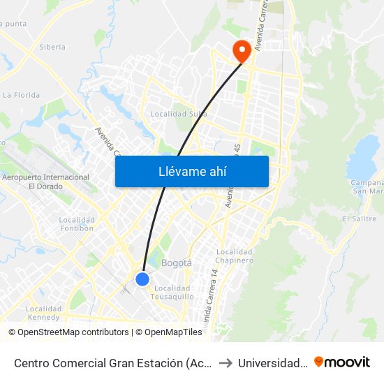 Centro Comercial Gran Estación (Ac 26 - Kr 60) to Universidad Ecci map