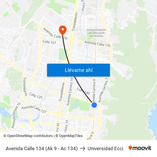 Avenida Calle 134 (Ak 9 - Ac 134) to Universidad Ecci map