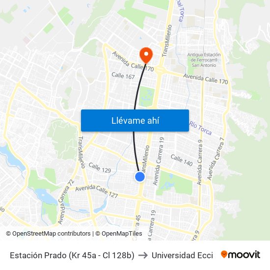 Estación Prado (Kr 45a - Cl 128b) to Universidad Ecci map