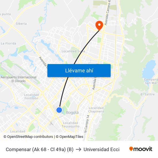 Compensar (Ak 68 - Cl 49a) (B) to Universidad Ecci map