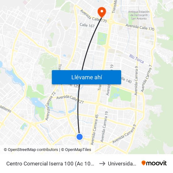 Centro Comercial Iserra 100 (Ac 100 - Tv 55) (C) to Universidad Ecci map