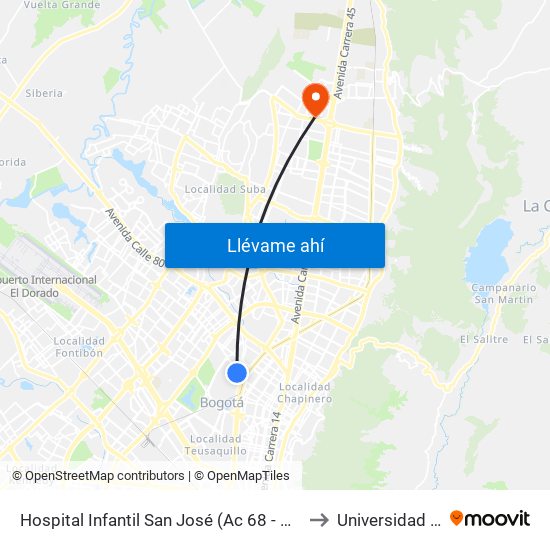 Hospital Infantil San José (Ac 68 - Kr 52) (B) to Universidad Ecci map