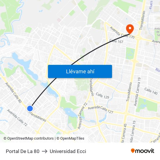 Portal De La 80 to Universidad Ecci map