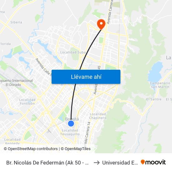 Br. Nicolás De Federmán (Ak 50 - Cl 59) to Universidad Ecci map
