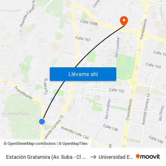 Estación Gratamira (Av. Suba - Cl 132a) to Universidad Ecci map