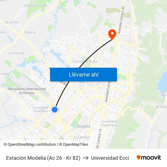 Estación Modelia (Ac 26 - Kr 82) to Universidad Ecci map