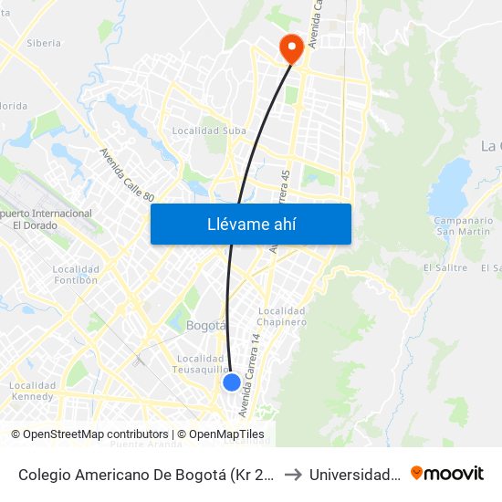 Colegio Americano De Bogotá (Kr 22 - Cl 45a) to Universidad Ecci map