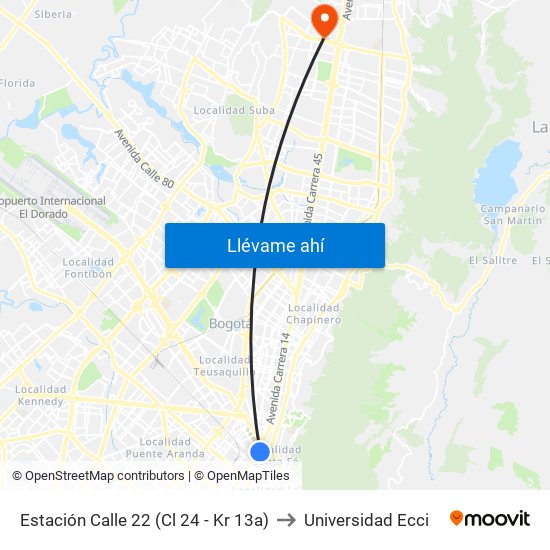 Estación Calle 22 (Cl 24 - Kr 13a) to Universidad Ecci map