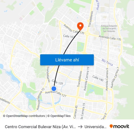 Centro Comercial Bulevar Niza (Av. Villas - Cl 127d) to Universidad Ecci map