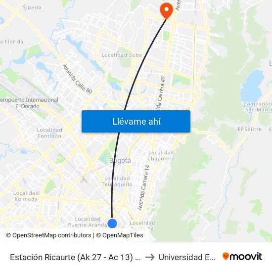 Estación Ricaurte (Ak 27 - Ac 13) (A) to Universidad Ecci map