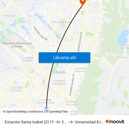 Estación Santa Isabel (Cl 1f - Kr 31) to Universidad Ecci map