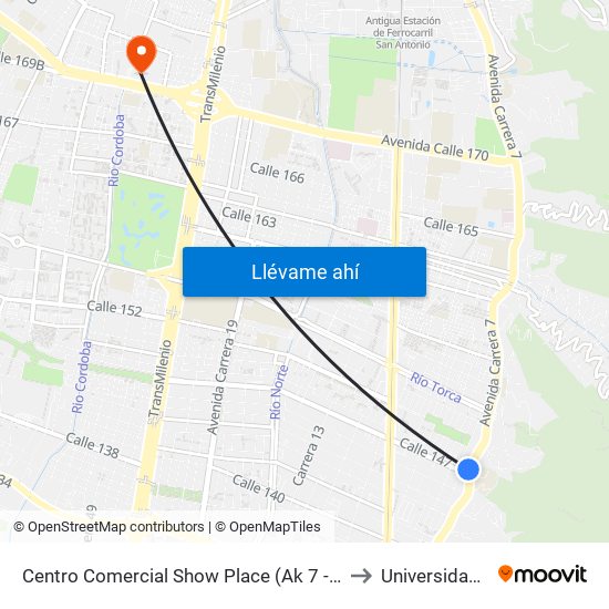 Centro Comercial Show Place (Ak 7 - Ac 147) (A) to Universidad Ecci map