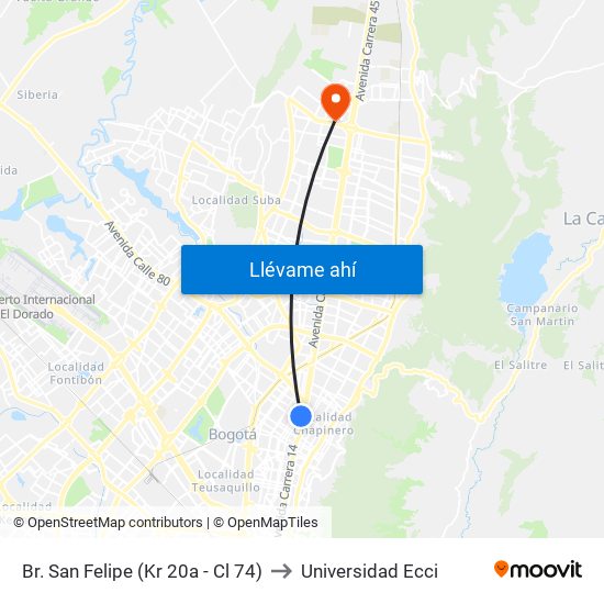 Br. San Felipe (Kr 20a - Cl 74) to Universidad Ecci map