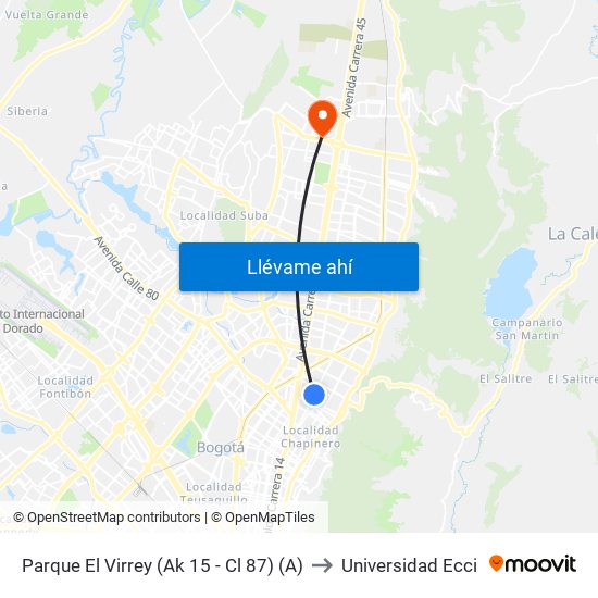 Parque El Virrey (Ak 15 - Cl 87) (A) to Universidad Ecci map
