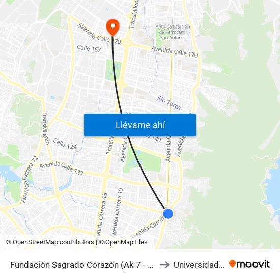 Fundación Sagrado Corazón (Ak 7 - Cl 116) (A) to Universidad Ecci map