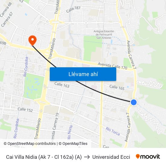Cai Villa Nidia (Ak 7 - Cl 162a) (A) to Universidad Ecci map
