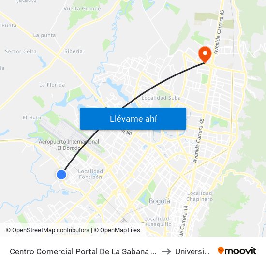 Centro Comercial Portal De La Sabana (Av. Centenario - Kr 106) to Universidad Ecci map