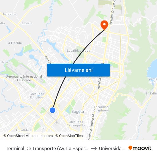 Terminal De Transporte (Av. La Esperanza - Kr 69d) to Universidad Ecci map