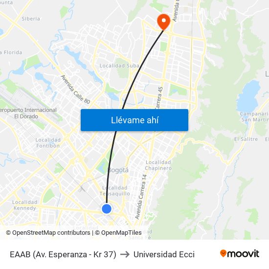 EAAB (Av. Esperanza - Kr 37) to Universidad Ecci map