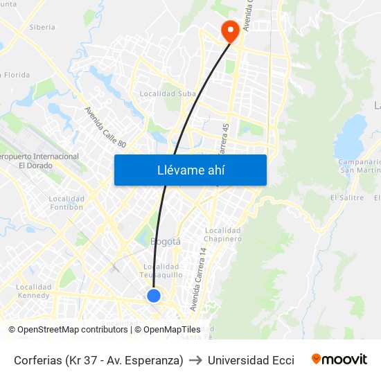 Corferias (Kr 37 - Av. Esperanza) to Universidad Ecci map