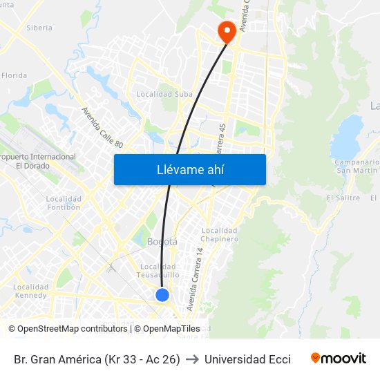 Br. Gran América (Kr 33 - Ac 26) to Universidad Ecci map