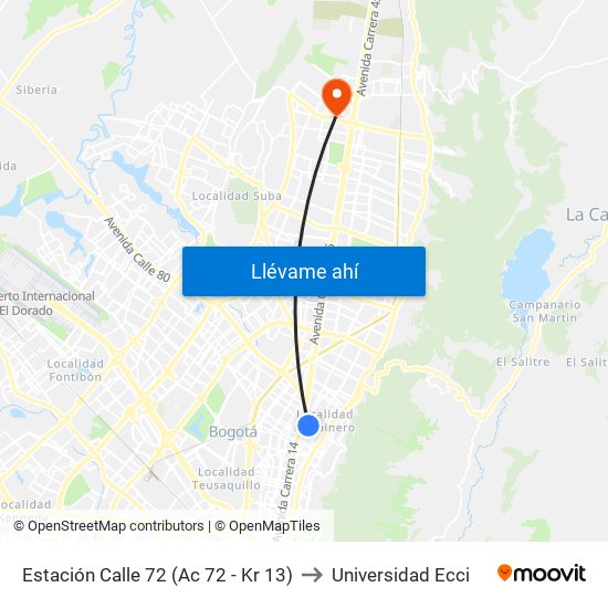 Estación Calle 72 (Ac 72 - Kr 13) to Universidad Ecci map