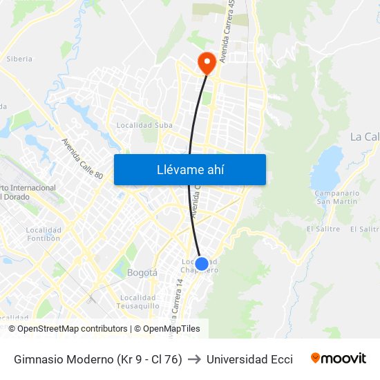 Gimnasio Moderno (Kr 9 - Cl 76) to Universidad Ecci map