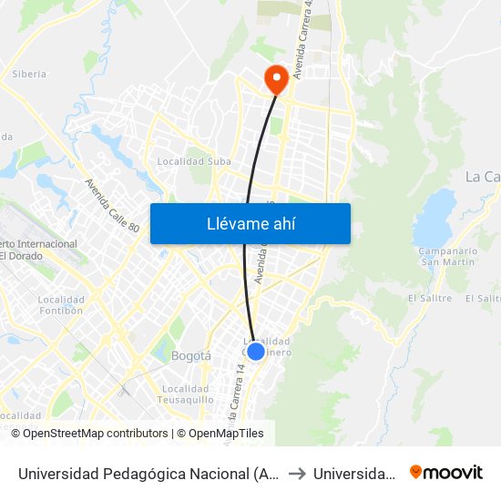 Universidad Pedagógica Nacional (Ac 72 - Ak 11) to Universidad Ecci map