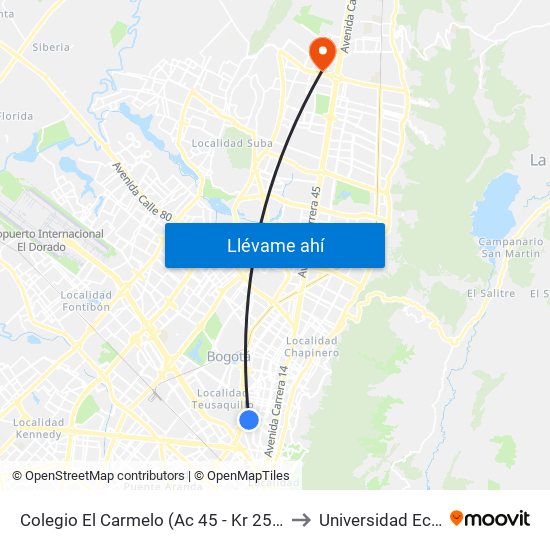 Colegio El Carmelo (Ac 45 - Kr 25a) to Universidad Ecci map