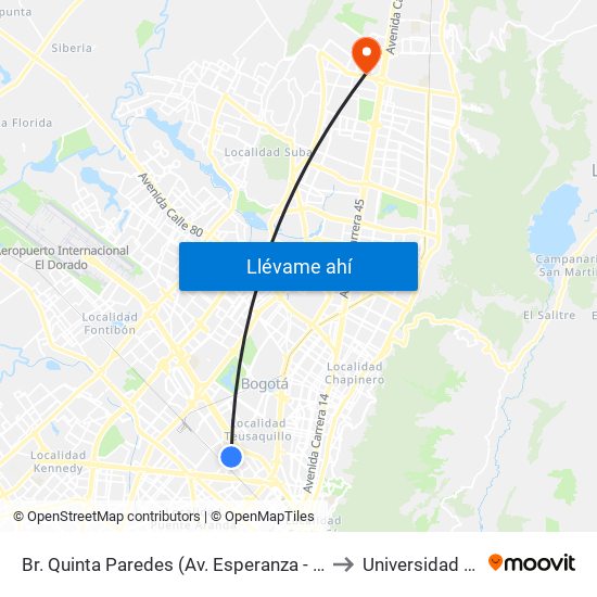 Br. Quinta Paredes (Av. Esperanza - Kr 44a) to Universidad Ecci map