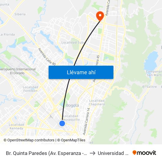 Br. Quinta Paredes (Av. Esperanza - Kr 45) to Universidad Ecci map