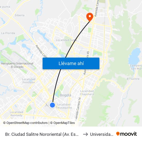 Br. Ciudad Salitre Nororiental (Av. Esperanza - Kr 57) to Universidad Ecci map