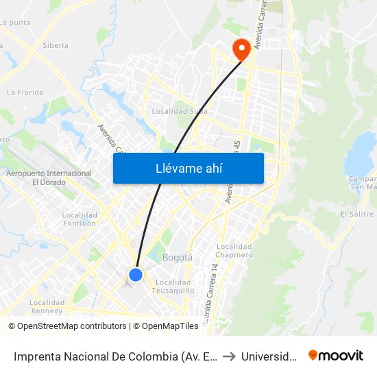 Imprenta Nacional De Colombia (Av. Esperanza - Kr 66) to Universidad Ecci map