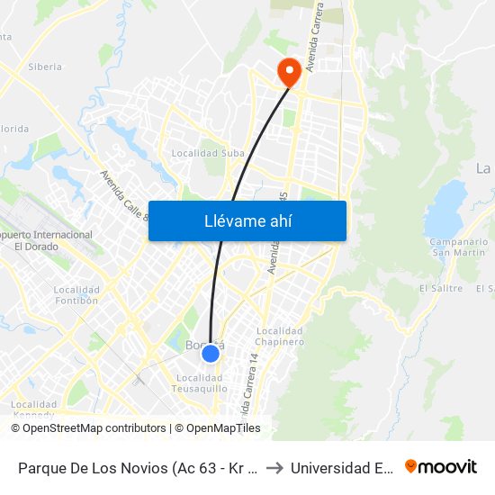 Parque De Los Novios (Ac 63 - Kr 45) to Universidad Ecci map