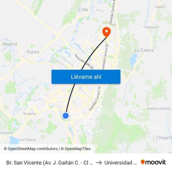 Br. San Vicente (Av. J. Gaitán C. - Cl 54 Sur) to Universidad Ecci map